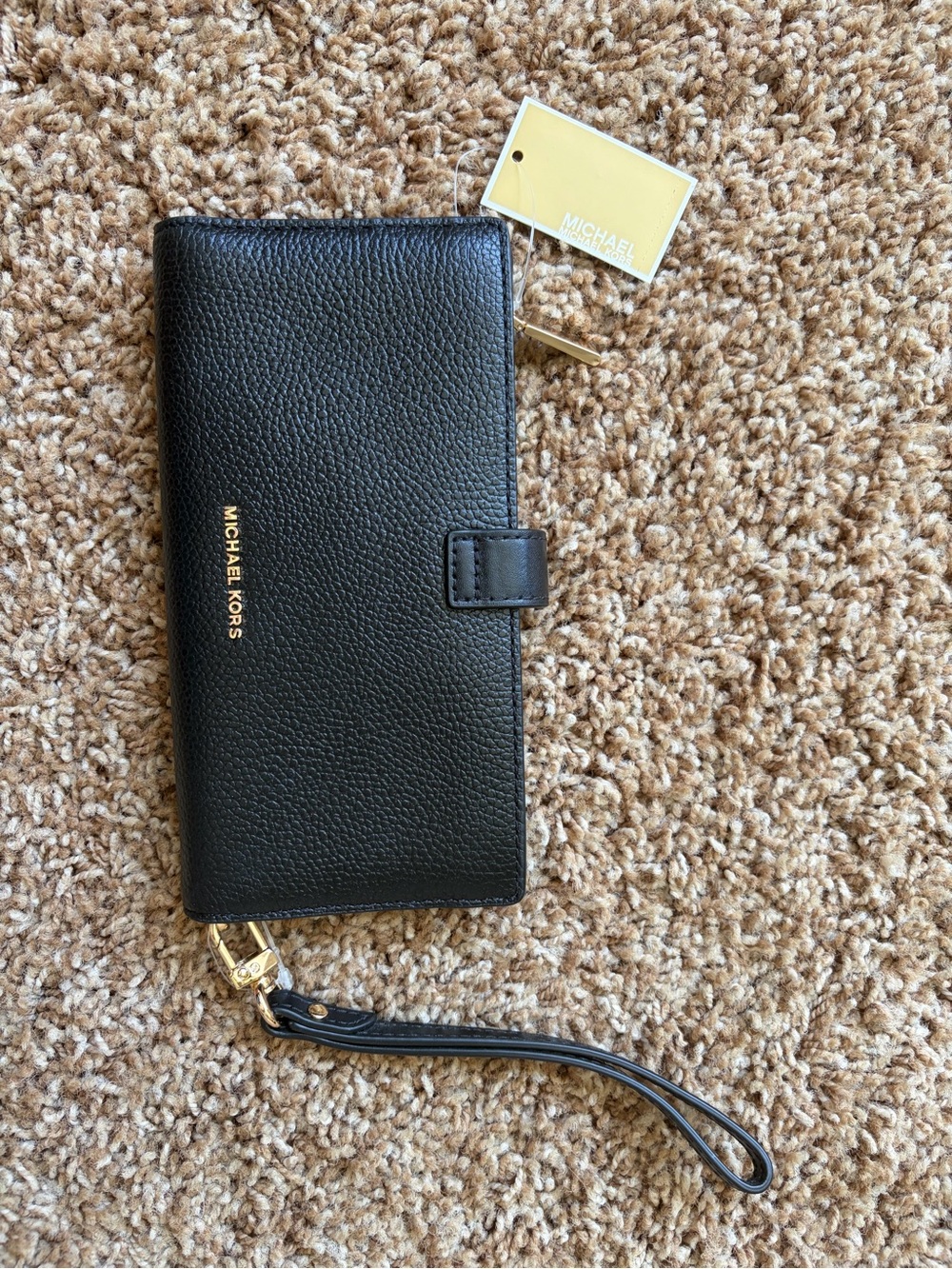 Michael Kors Black Pebbled Leather Wristlet Phone Wallet with Gold Hardware
